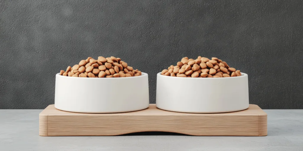 Two pet bowls filled with kibble on a wooden stand with a gray background.