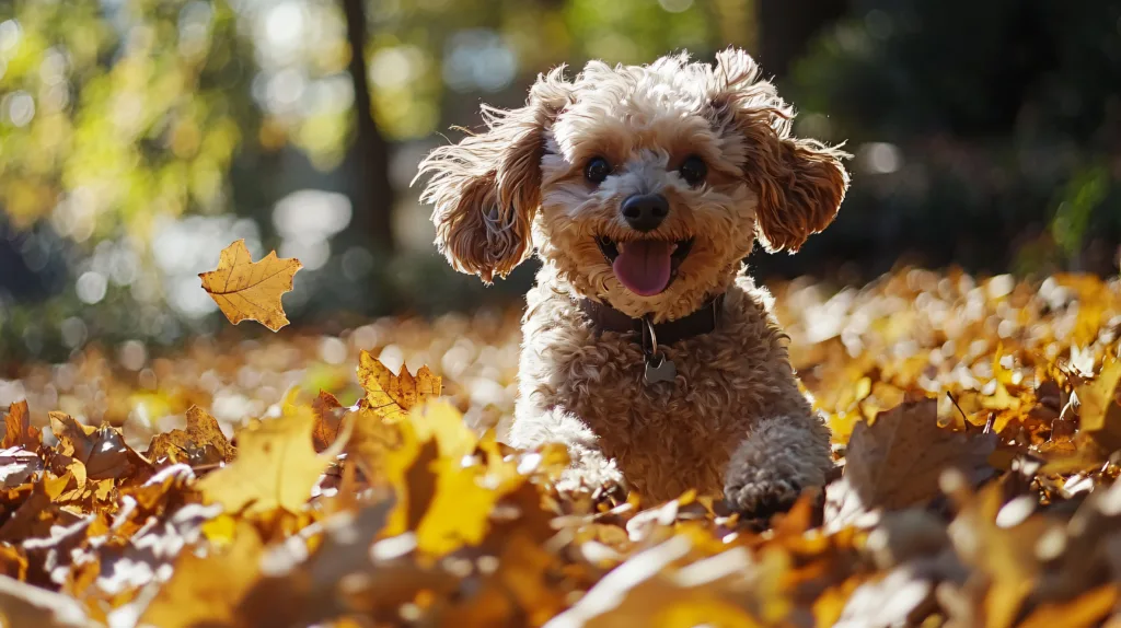 dog having fun with fall leaves