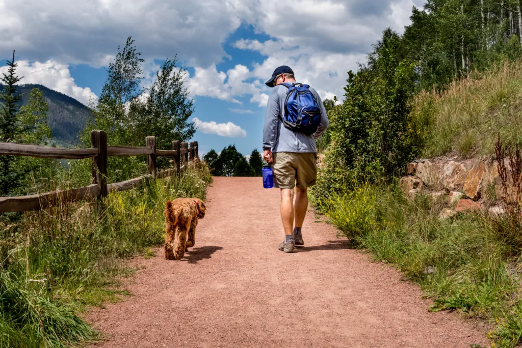 man with dog walking on a scenic path