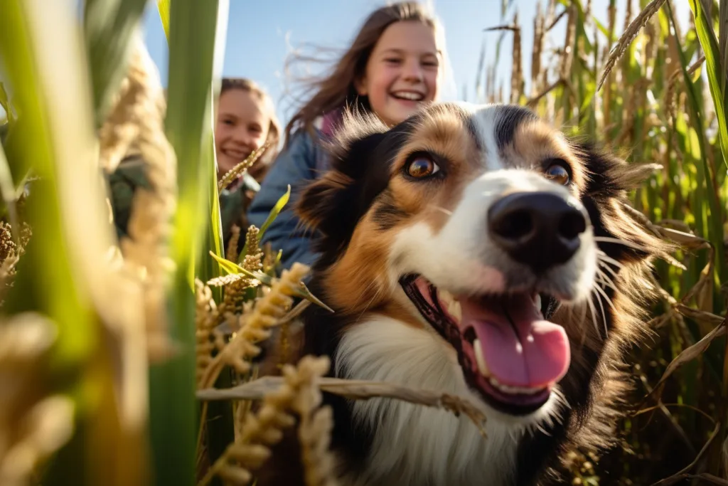 dog with children in a corn maze