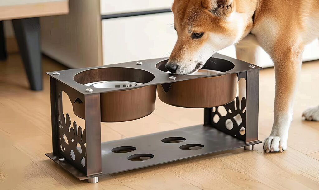 dog eating from raised dog bowl