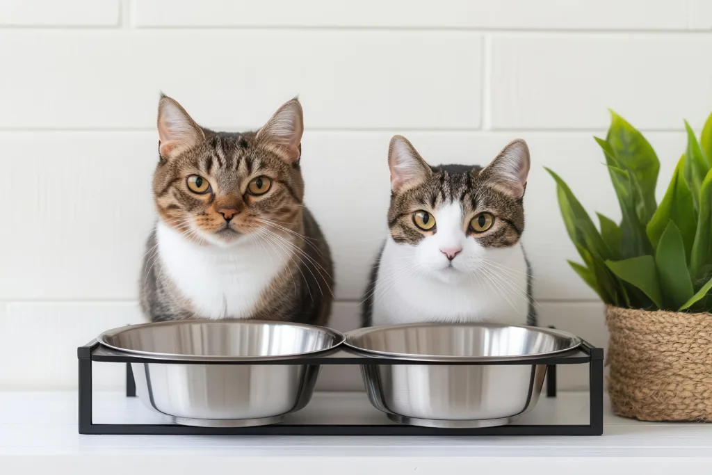 two cats with raised bowls