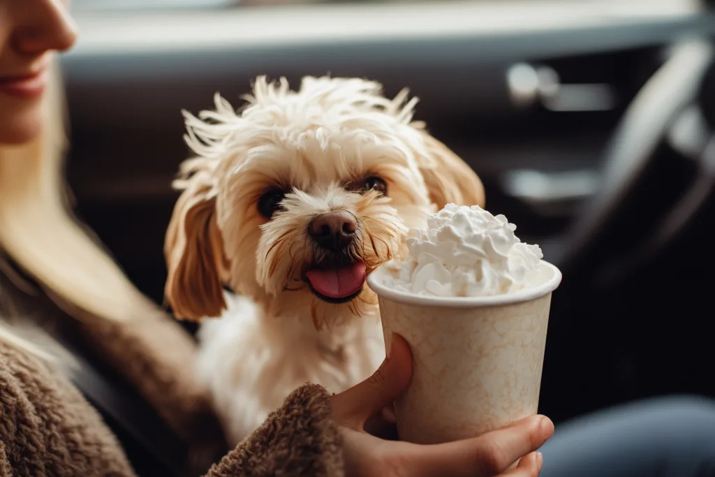 women with dog holding a cup of coffee