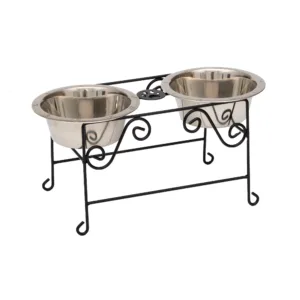 Wrought Iron Dog Bowl Stand - Double Feeder (Black)